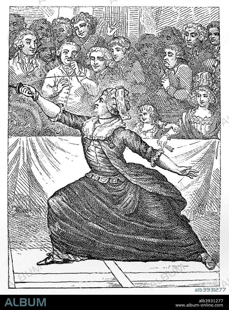 Mlle la Chevaliere d'Eon de Beaumont fencing, 18th century. Charles-Genevieve-Louis-Auguste-Andre-Timothee Eon de Beaumont (1728-1810) lived the first half of his life as a man and the second half as a woman. Illustration from Social Caricature in the Eighteenth Century ... With over two hundred illustrations by George Paston [pseudonym of Emily Morse Symonds], (London, 1905).