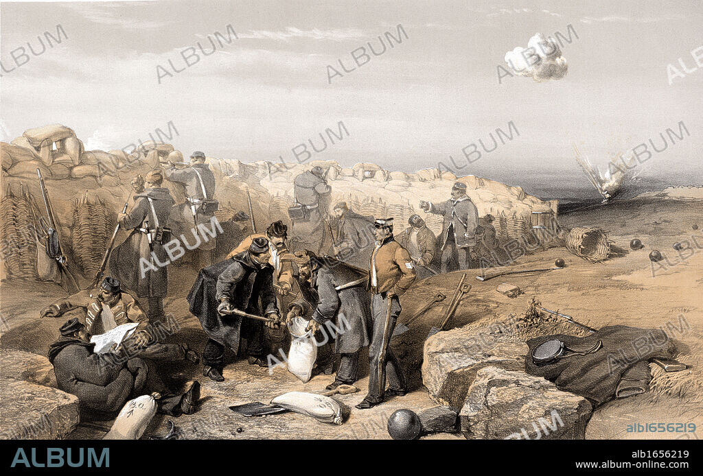 Crimean War 1853-1856: Filling sandbags in British advanced position to build up protective defences. Gabions, wicker baskets filled with earth, used. From 'Illustrations of the War in the East', 1856. Russia France Turkey Britain.