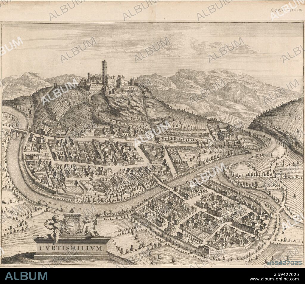 View of Cortemilia Curtismilium , print maker: anonymous, publisher: erven Johannes Blaeu, (possibly), publisher: Adriaen Moetjens (I), (possibly), publisher: Amsterdam, publisher: The Hague, 1682 - 1697, paper, etching, engraving, h 464 mm × w 580 mm.