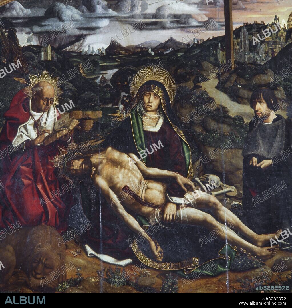 BARTOLOMÉ BERMEJO. Pietà of Canon Luis Desplá, 1490. Tempera on wood, 172 x 189 cm. Cathedral, Barcelona.