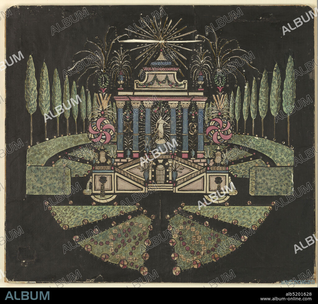 Garden Pavilion, Cut paper on wood frame, Magic lantern slide, optical toy. On black field, garden pavilion on high basement; six blue columns in main story, with female statue on pedestal in center intercolumniation. Attic story crowned with set of fireworks with cipher in center. To right and left, foliage, tall trees, and pin-wheel fireworks. Parterre in foreground., Savoy, France, ca. 1780, toys & games, Lantern slide, Lantern slide.