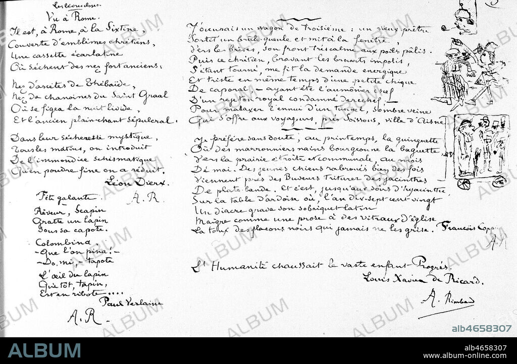 L'Album Zutique : le pastiche de François Coppee avec dessins, par RIMBAUD (1854-1891), vers 1875-1880. Credit : Jean Vigne/KHARBINE-TAPABOR.