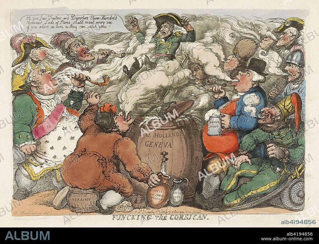 Funcking the Corsican, pub. 1813 (hand coloured engraving). Napoléon Bonaparte (1769?1821);  Napoleon is surrounded by the powers of Europe who have all turned against him.