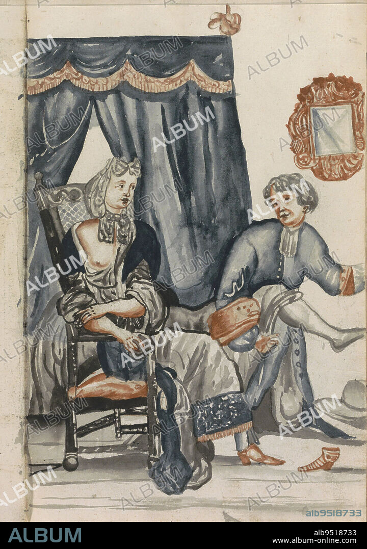 Woman with bare breast sitting before a four-poster bed, Hendrick van Beaumont, 1696, The woman has one leg raised. This leg is being carried by a man standing next to her chair. Possibly drawn after a print. Sheet 31 recto from a sketchbook with 91 sheets., draughtsman: Hendrick van Beaumont, 1696, paper, brush.