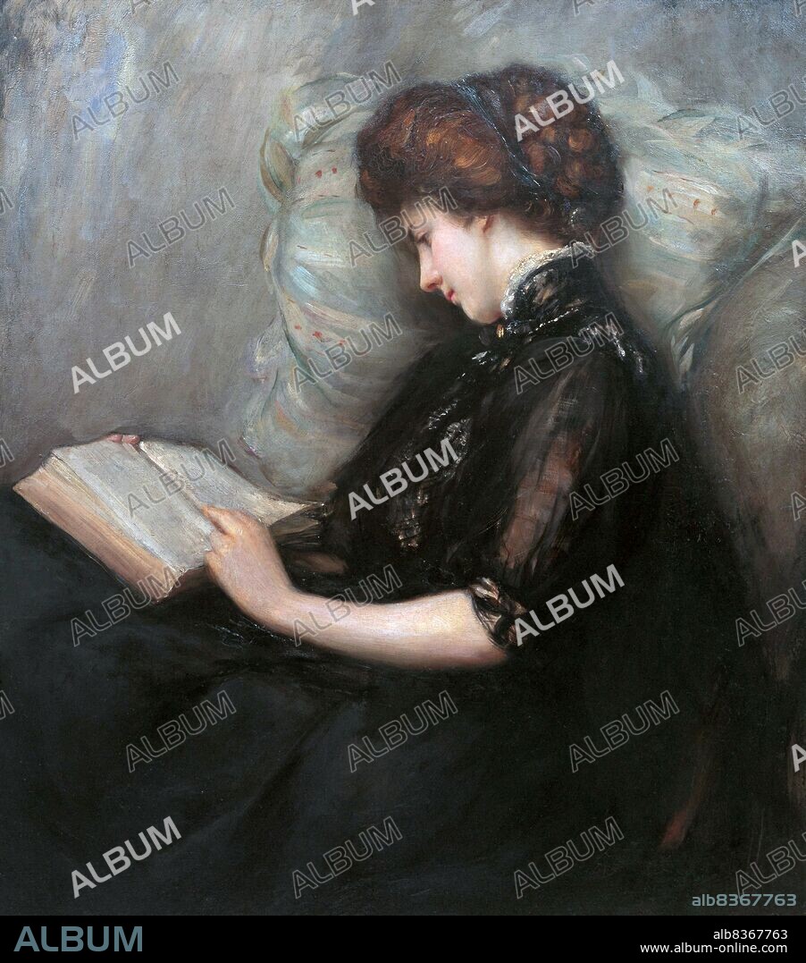 Japan / England: 'Lady Reading Poetry'. Oil on canvas painting by Ishibashi Kazunori (1876-1928), 1906.<br/><br/>. Ishibashi Kazunori (1876-1928), also known as Ishibashi Wakun, Ishibashi Kazukuni and Gagen, was a Japanese painter from Shimane Prefecture. He was active in both yga (Western-style) and nihonga (Japanese-style) painting circles, and studied in London as well as across the European continent. His works include the painted ceiling at J. P. Morgan's residence in Wembley, as well as thirty-seven panels for the medical students' dining-hall at the London Hospital.