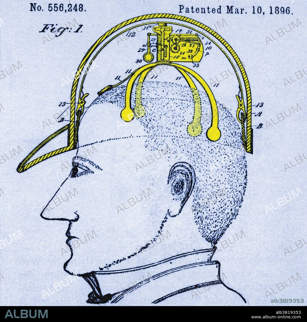 Diagram of a Saluting Device that was patented on March 10, 1896, by James C. Boyle. The device is designed to "automatically effect polite salutations," by tipping one's hat without the use of hands. Patent No. 556,248.