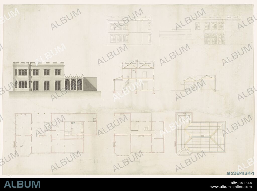 ANON. Design for a house in neo-Gothic style, c.1700-c.1800. Floor plans and façade elevations. With scale.