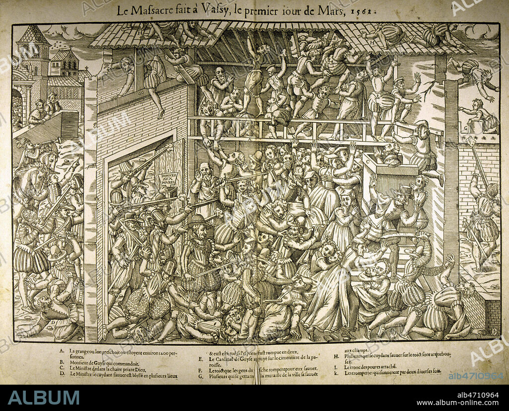Massacre fait a Vassy ou WASSY le 1er mars 1562. (Wassy, 1er massacre de protestants par les troupes de Francois de GUISE (1519-1563) considere comme celui qui a ouvert le cycle des guerres de religion. Illustration de Jean PERRISSIN et Jacques TORTOREL pour quarante tableaux ou Histoires diverses qui sont memorables touchant les guerres, massacres et troubles, advenus en France ces dernieres annees, 1570. Credit : Jean Vigne/KHARBINE-TAPABOR.