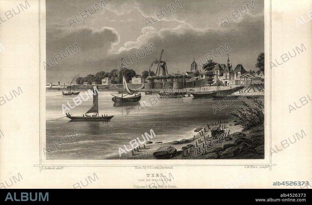 Tiel. From the Waal side, View of Tiel von der Waal, signed: L. Rohbock (del.); G. M. Kurz (sculp.), After p. 100, p. 111, Rohbock, Ludwig (del.); Kurz, Georg Michael (sculp.), 1863, Der Rhein und die Rheinlande in malerischen Original-Ansichten: Abtheilung 3, Section 2 / Holland. Darmstadt: Druck und Verlag von Gustav Lange, 1863.