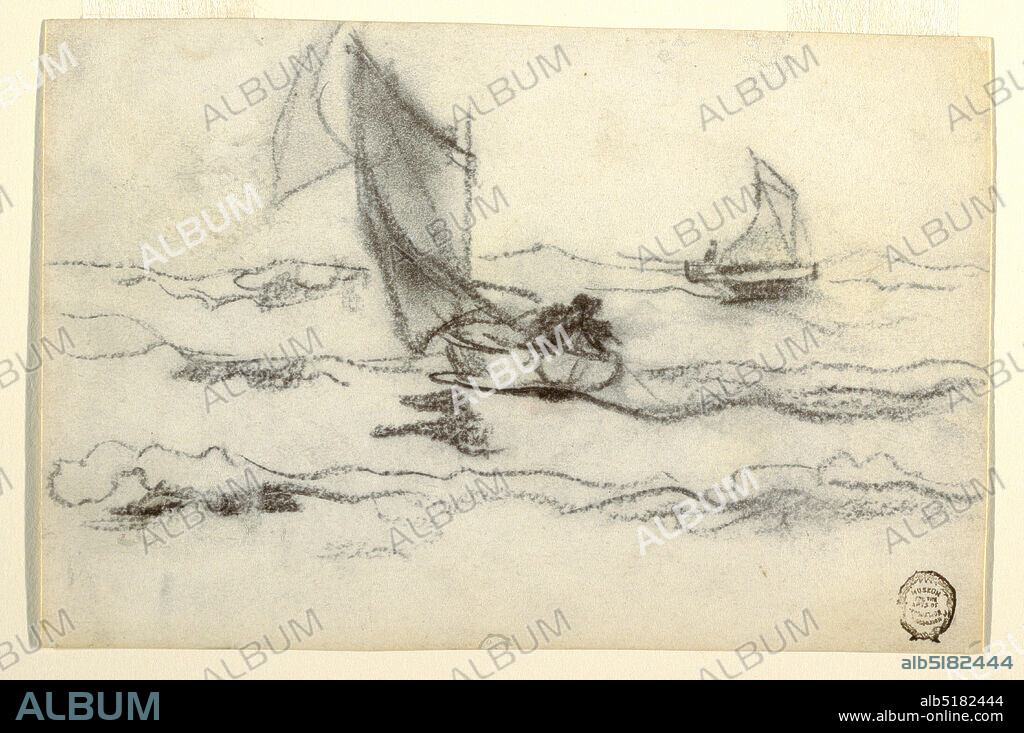 Sailing Boats, Winslow Homer, American, 18361910, Charcoal on paper, Horizontal view of two small fishermens' sailing boats, in the nearer boat fishermen are drawing in a line., USA, 189596, seascapes, Drawing, Drawing.