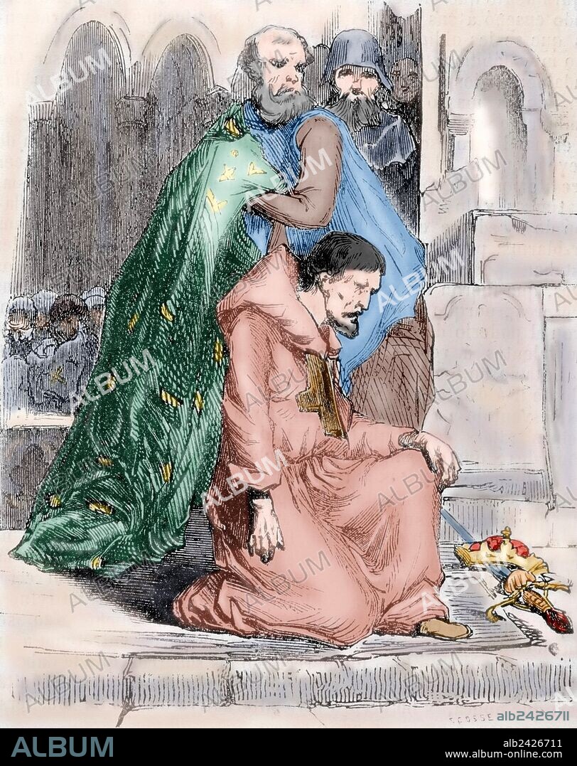 LUIS I el Piadoso o LUDOVICO PIO, (778-840). Rey de Aquitania de 1781-814, emperador de Occidente y rey de los francos de 814-840. Hijo y sucesor de Carlomagno. Imperio Carolingio. Grabado por Ecosse. "Biblioteca Universal", Ediciones Populares, año 1851. Coloreado.