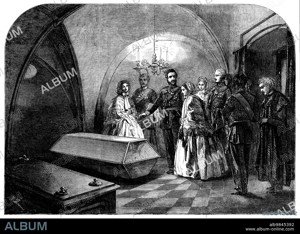 Queen Victoria Visiting the Tomb of Frederick the Great, 1858. 'Her Majesty and the Prince Consort, during their recent visit to Prussia, inspected the tomb of Frederick the Great. They were accompanied on the occasion by the Prince and Princess of Prussia, the Prince and Princess Frederick William, &c. In our Engraving the Prince of Prussia is represented directing her Majesty's attention to the tomb; to his right are the Prince and Princess Frederick William; immediately behind the Queen is Prince Albert; and at his side is the Princess of Prussia...The remains of Frederick the Great lie in a tomb beneath the pulpit of the Garnison Kirche (Church of the Garrison) in Potsdam. They are inclosed in a plain metal sarcophagus above ground. His sword, originally laid upon it, was carried off by Napoleon, and all traces of it are lost; but on each side of the pulpit, over the tomb, now hang the eagles and standards taken from Napoleon's armies by the Prussians; a fitting retribution, and as it were an atonement, to the shade of the hero for this paltry theft. The other tomb-which is of marble, with metal knobs at the corners-in the same vault, is that of William I'. From "Illustrated London News", 1858.