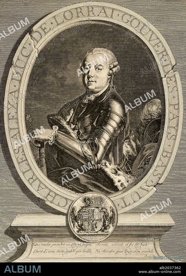 Carlos Alejandro de Lorena (1712-1780). General austriaco y gobernador general de los Países Bajos Austriacos. En 1761 fue nombrado Gran Maestre de la Orden Teutónica. Grabado por G. Greismann. "Historia Universal", año 1885.