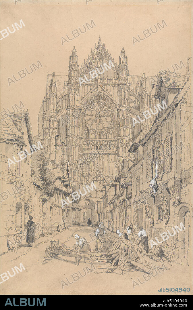 Beauvais Cathedral, Samuel Prout, 17831852, British, undated, Graphite and white gouache on moderately thick, slightly textured, beige wove paper, Sheet: 16 1/16 x 10 9/16 inches (40.8 x 26.9 cm), aprons, architectural subject, bonnets, buildings, cathedral, cityscape, dresses, genre subject, houses, kerchiefs, labor, laborers, logs, men, peasants, rose window, shutters, street, trousers, wheel, women, wood, working, Beauvais, Cathedral of Saint Peter of Beauvais, France, Oise, Picardie.