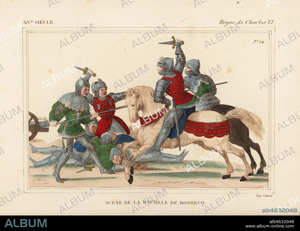 Scene from the Battle of Roosebeke (Rosbecq), Flanders, 1382, between the French and Flemish armies. Knights in suits of armour fight with swords and lances over cannon and the dead and wounded. Handcoloured lithograph by Leopold Massard after a manuscript by Jean Froissart from Le Bibliophile Jacob aka Paul Lacroix's Costumes Historiques de la France (Historical Costumes of France), Administration de Librairie, Paris, 1852.