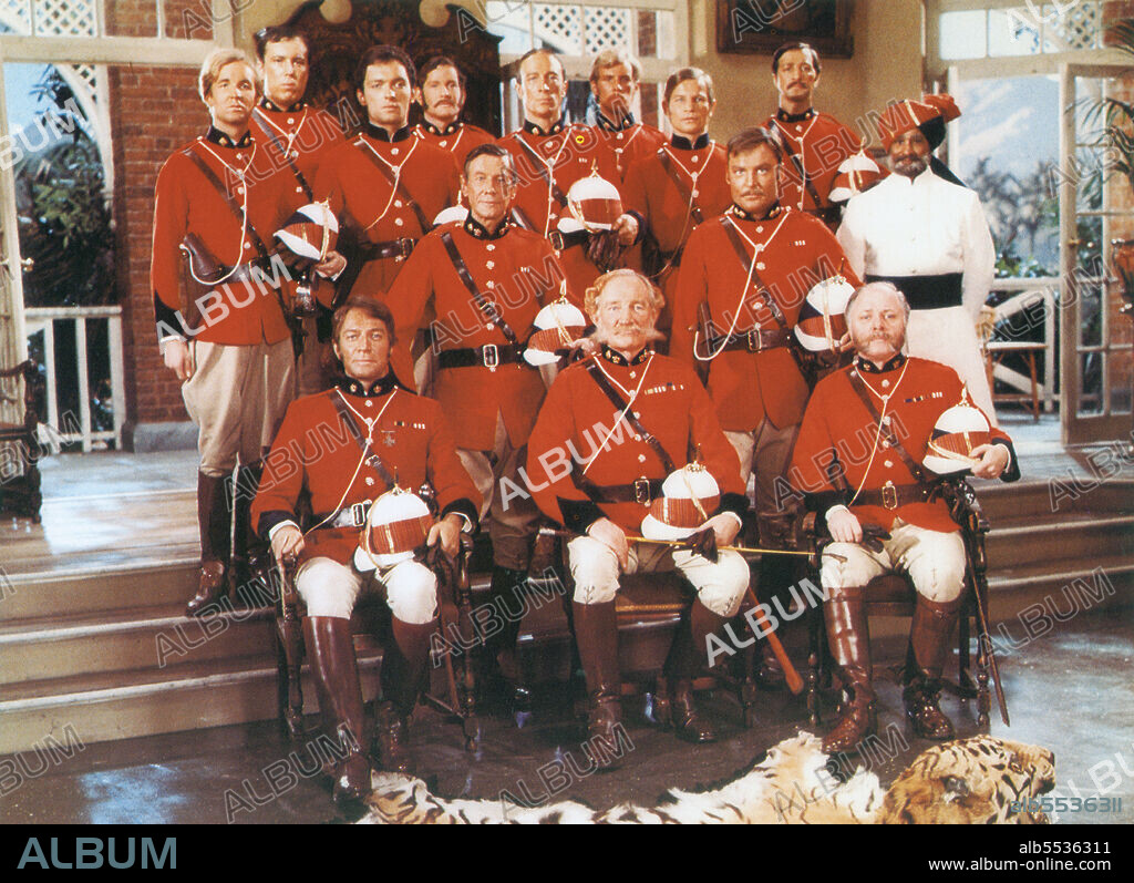 Christopher Plummer, Trevor Howard, James Faulkner, Michael York, James Donald, Michael Culver, Stacy Keach, Richard Attenborough, Andrew Lodge, Rafiq Anwar, on-set of the British Film, "Conduct Unbecoming", British Lion Films, 1975.