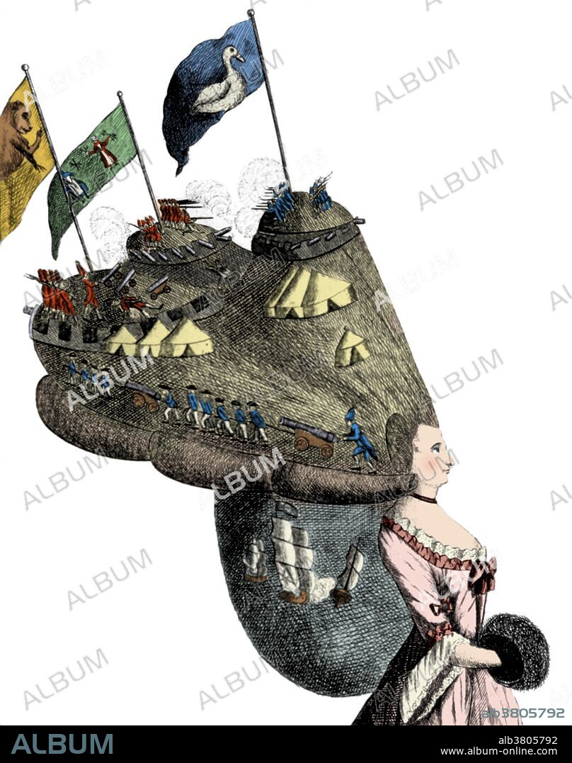 Entitled: "Bunkers Hill or America's head dress" shows a woman, with exaggerated coiffure supporting three redoubts with infantry and artillery firing at close range, tents, an artillery train, and a sea battle involving two or three ships; large flags flying over the redoubts are decorated with a monkey, two women, and a goose. The 18th century was an age of elegance. Never in European history do we see men and women so elaborately artificial, so far removed from natural appearance. What could not be done with the natural hair was made with wigs. This epoch was an extravagant explosion of amazing hairstyles, a reaction completely opposed to the modesty and shyness of former centuries. In the mid-to-late 18th century, large, elaborate and often themed wigs were in vogue for women. These combed-up hair extensions were often very heavy, weighted down with pomades, powders, and other ornamentation. Published by Matthew Darly, April 19, 1776 This image has been color enhanced.