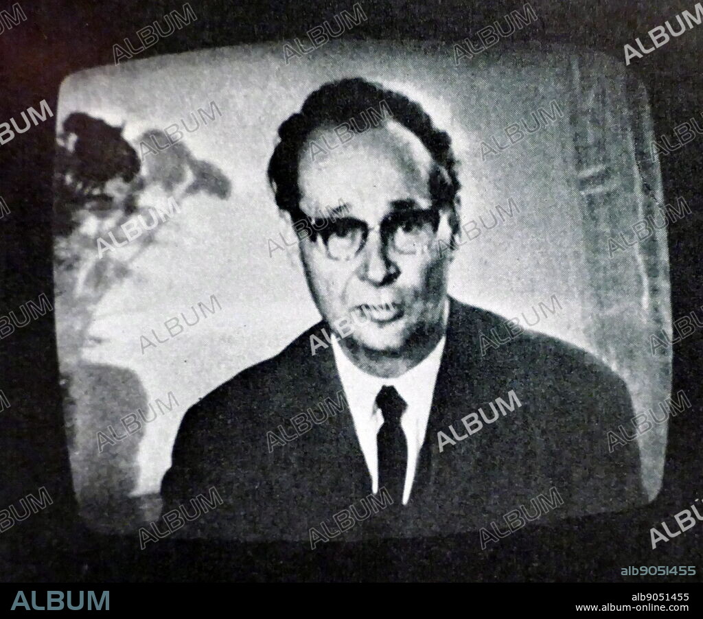 Photograph of Alexander Dubcek on television. Alexander Dubcek (1921-1992) a Slovak politician and, briefly, leader of Czechoslovakia. Dated 20th Century.