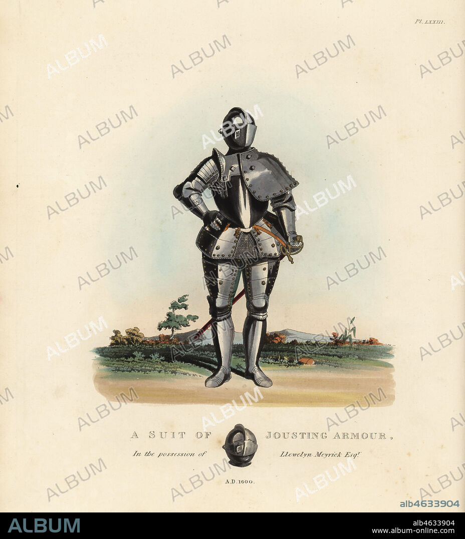 Bavarian suit of jousting armour 1600. With mentoniere helmet with perforated door for ventilation, shoulder shield for tilting, pauldron, elbow plates, wide cuisses to accommodate the stuffed breeches of the period. In the possession of Llewelyn Meyrick. Helmet with beaver and trapdoor at bottom. Handcoloured lithograph by Maddocks after an illustration by S.R. Meyrick from Sir Samuel Rush Meyrick's A Critical Inquiry into Antient Armour, John Dowding, London, 1842.