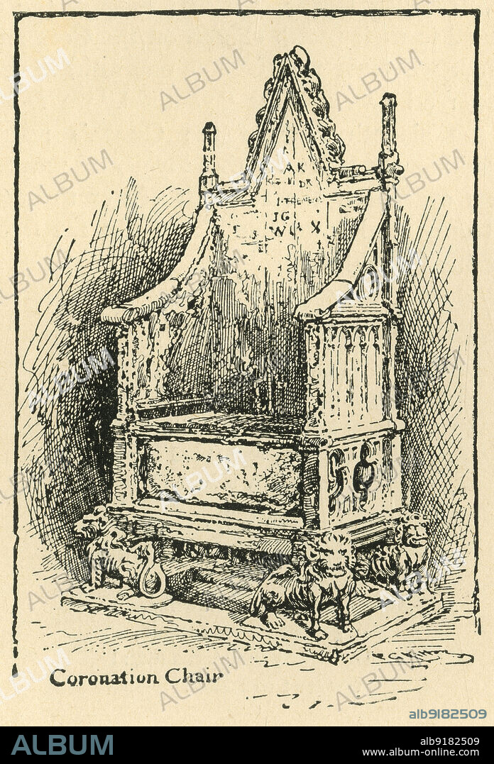 'Coronation Chair', c1897. Ancient wooden chair, also known as St Edward's Chair or King Edward's Chair, on which British monarchs sit when they are crowned in Westminster Abbey. It was commissioned in 1296 by King Edward I to contain the coronation stone of Scotland - known as the Stone of Scone or Stone of Destiny - which had been captured from the Scots. From "The Queen's Resolve and Her Doubly Royal Reign of Sixty Years", by Charles Bullock, B.D. ["Home Words" Publishing Office, London, ].