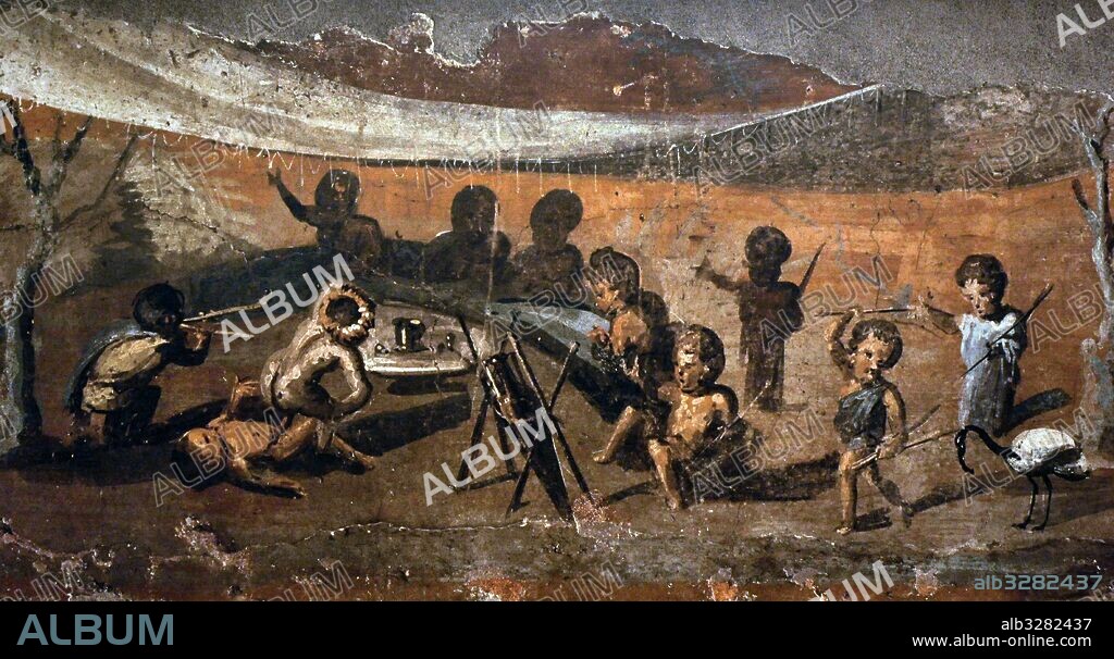 Arte romano. Fresco con la representacion de una estancia-comedor (triclinio) con pigmeos pompeyanos (enanos) comiendo y realizando escenas sexuales. Casa del Médico (VIII, 5,24). Pompeya. Peristilo. 50-79 d. C. Museo Arqueológico Nacional. Nápoles. Italia.