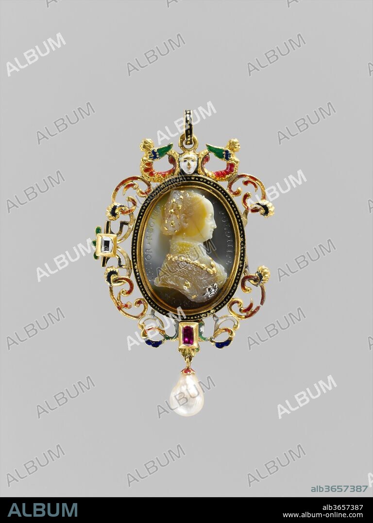 Bona Sforza (1493-1557), Queen of Poland. Culture: Polish, Krakow cameo with French frame. Dimensions: Overall: 2 13/16 x 1 3/4 in. (7.2 x 4.4 cm);
Visible cameo (confirmed): 31 x 22 mm. Maker: Cameo by Giovanni Jacopo Caraglio (Italian, Parma or Verona ca. 1500/1505-1565 Krakow (?)). Date: cameo ca. 1530-40, frame 19th century.
Exceptionally for the Renaissance, this is a signed cameo, bearing the signature of Gian Giacomo Caraglio, who was born in Verona and later worked in Venice and then Cracow and who was best known as a printmaker. Bona Sforza, daughter of the duke of Milan, married Sigismund I, king of Poland, in 1518. At Sigismund's death in 1548 she returned to Italy, where she died in 1557. The cameo is inlaid with gold that enhances details of Bona's chain and hairnet, and a silver Medusa's head (see detail; for Medusa, see also fig. 59) is inset on her breast, in the same spirit of jewelry within jewelry. The only other gem signed by Caraglio, an agate similarly bedecked with gold representing Barbara Radziwill, Bona's successor as queen of Poland, is in the Münzkabinett, Munich. The dainty frame, although dated 1554 on the reverse, is a nineteenth-century invention.
[James D. Draper, 2008].