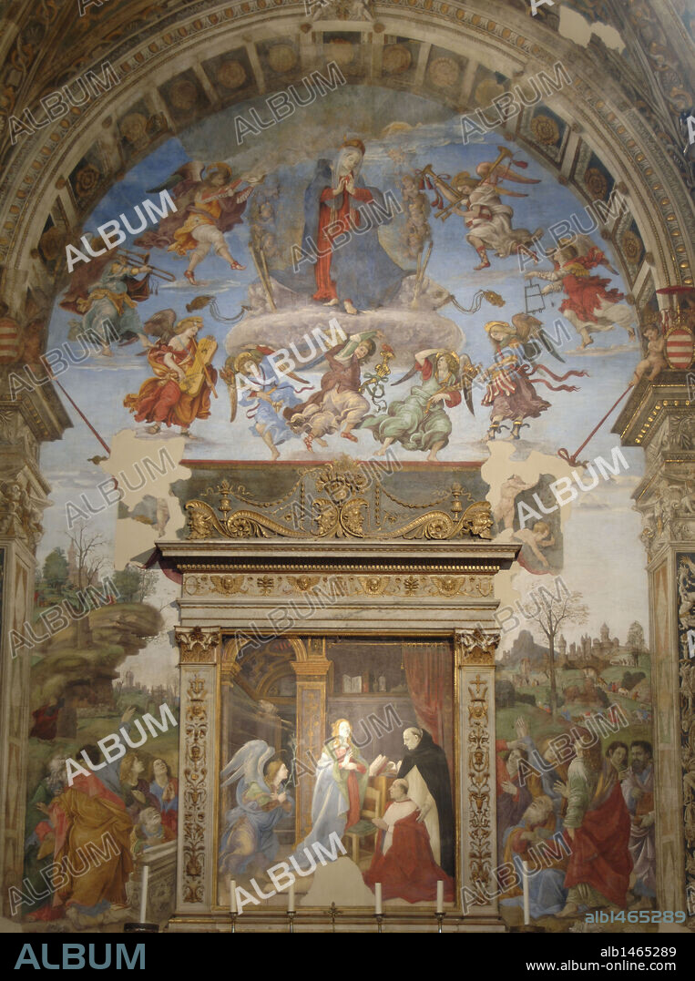 The Carafa Chapel with late 15th-century frescoes (1488-1493) by Filippino Lippi (c.1457-1504). it depicts the Annunciation and the Assumption of the Virgin with St. Thomas Aquinas presenting Cardinal Carafa to the Blessed Virgin over the altar and the Glory of St Thomas on the right hand. It is also known as the Chapel of St Thomas Aquinas. Saint Mary above Minerva. Italy. Rome.