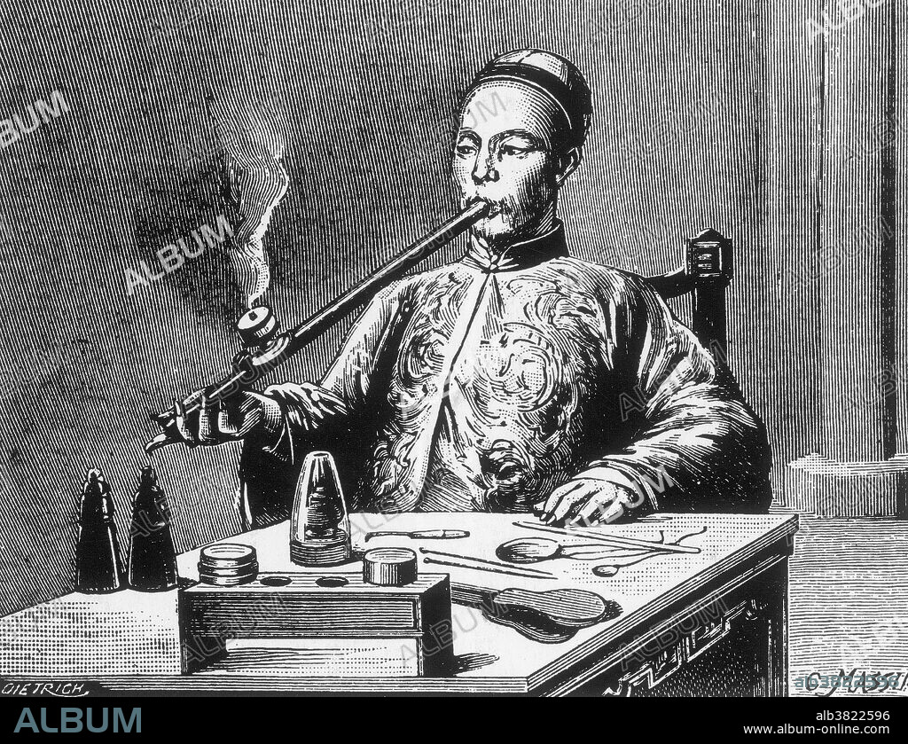 Man smoking opium through an opium pipe. Opium is a narcotic drug obtained from the seeds of the opium poppy. It contains the chemicals morphine and codeine, as well as other alkaloids. The opium resin from the poppy is processed, and then burned in pipes. The smoker inhales the vapours from the burning resin. Opium is an addictive drug. In the 19th century and the early 20th century, opium smoking was common worldwide, especially in Asia, which was one of the sources of the opium poppy. There were many opium dens where such smoking took place.