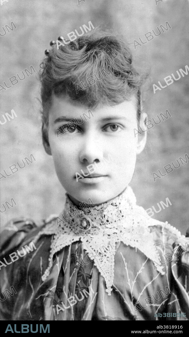 Nellie Bly (May 5, 1864 - January 27, 1922) was the pen name of American journalist Elizabeth Cochrane Seaman. She was also a writer, industrialist, inventor, and charity worker who was widely known for her record-breaking trip around the world in 72 days, in emulation of Jules Verne's fictional character Phileas Fogg, and an exposÃ© in which she faked insanity to investigate reports of brutality and neglect at the Women's Lunatic Asylum on Blackwell's Island. She was a pioneer in her field, and launched a new kind of investigative journalism. In 1895 she married millionaire manufacturer Robert Seaman. She retired from journalism and became the president of the Iron Clad Manufacturing Company. In 1904, her husband died. For a time she was one of the leading women industrialists in the United States, but embezzlement by employees resulted in the Iron Clad Manufacturing Co. going bankrupt. Back in reporting, she wrote stories on Europe's Eastern Front during WWI and covered the Woman Suffrage Parade of 1913.  She died of pneumonia in 1922 at the age of 57. Photographed by  H.J. Myers, circa 1890.