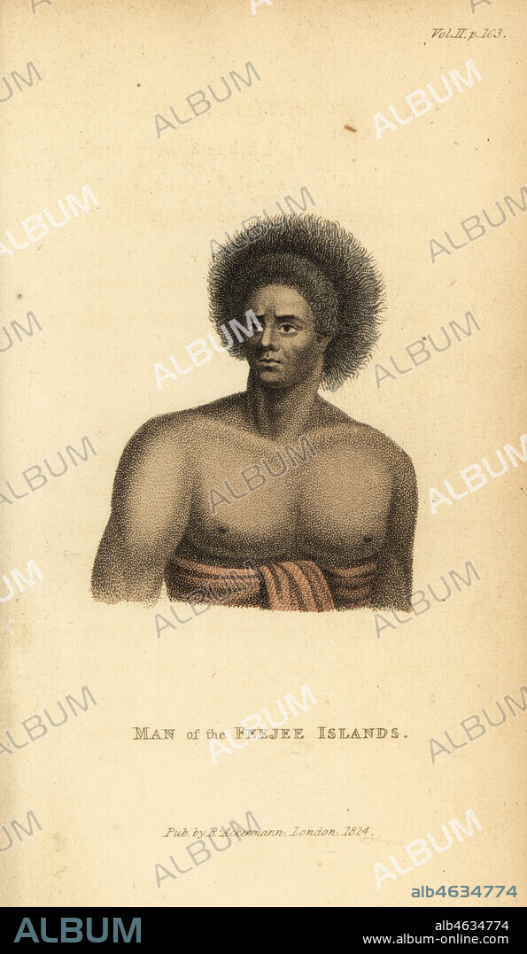 Vouacece, Fijian chief. Man of the Feejee Islands. Handcoloured stipple engraving from Frederic Shoberl's The World in Miniature, The South Sea Islands, Ackermann, 1824. From an illustration by Jean Piron in Voyage de la Perouse, 1800.