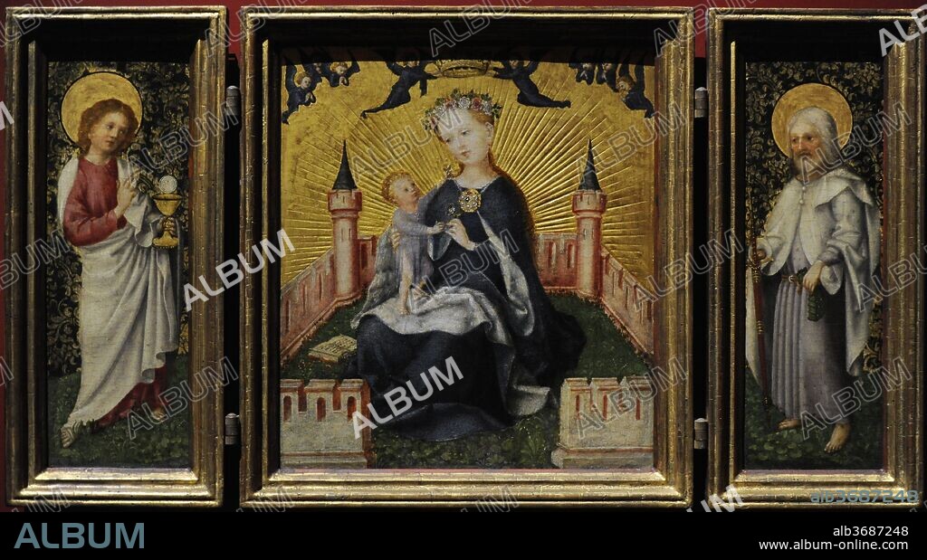 Stefan Lochner (c. 1400/1410-1451). Pintor alemán. Tríptico con la Virgen en el Jardín del Paraíso, hacia 1445-1450. Madera de roble. Museo Wallraf-Richartz. Colonia. Alemania.