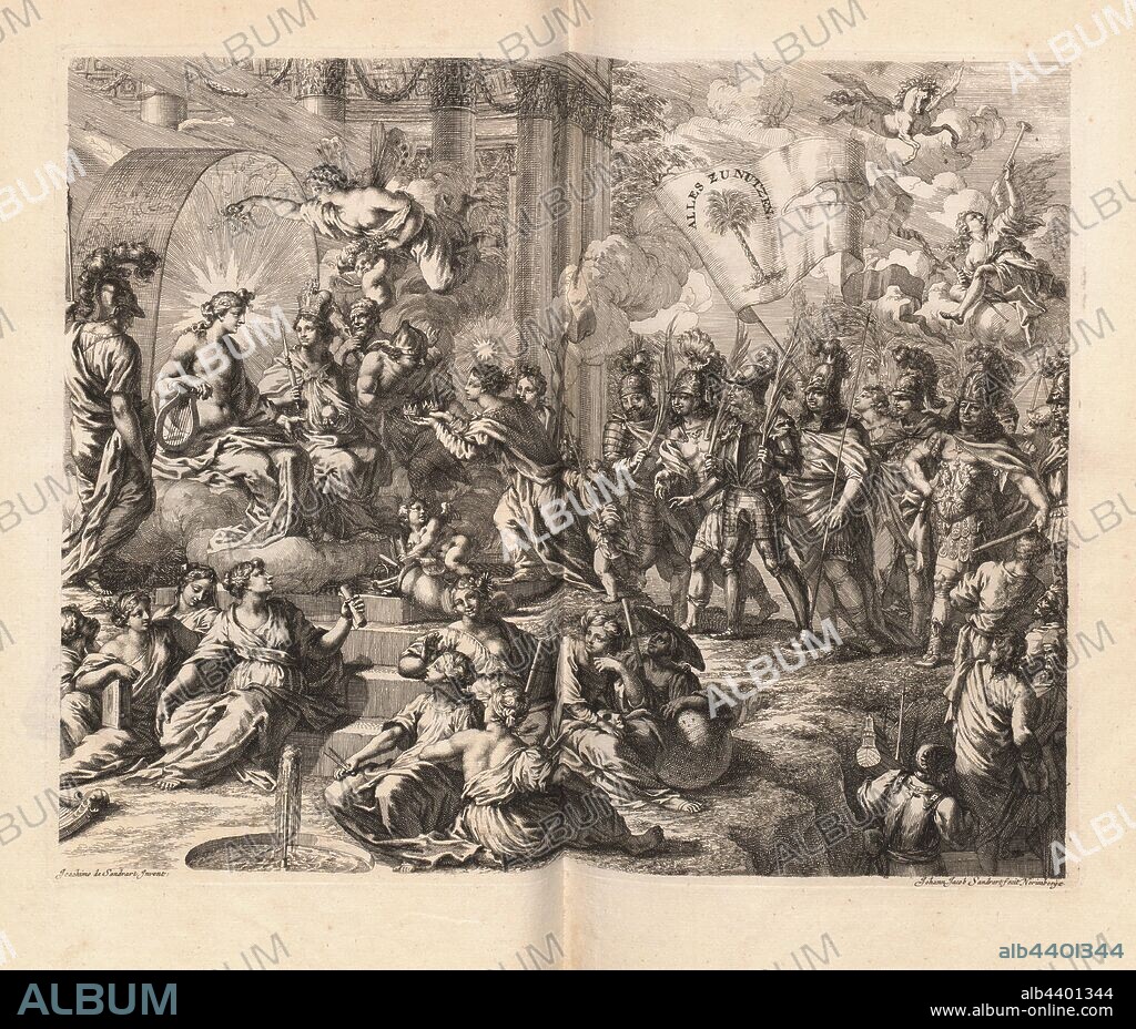 Fruitful society, Germania and Apollon on throne between muses and members of the Fruitful Society with Ludwig von Anhalt-Köthen, Wilhelm IV of Saxony-Weimar and also August von Sachsen-Weissenfels, Signed: Joachimo de Sandrart Invent; Johann Jacob Sandrart fecit, Fig. 12, according to p. XXXIV, Sandrart, Joachim von (inv.); Sandrart, Johann Jakob von (fec.); Offizin Endter Nürnberg (imp.), 1775, Joachim von Sandrart:Teutsche Academie der Bau- Bildhauer- und Maler-Kunst: worinn die Regeln und Lehrsätze dieser Künste gegeben, nicht weniger zu mehrerer Erläuterung die besten Exempel der alten und neuen Künstler in Kupfer beygefüget worden, wie solche in Rom auf das genaueste abgezeichnet sind: nebst den Lebensbeschreibungen der besten griechischen, römischen und neuen Künstler, ingleichen der Anzeige ihrer vornehmsten Werke. Nürnberg: verlegt in der Johann Andreas Endterischen Handlung, 1768-1775.