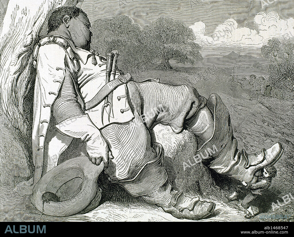 PAUL GUSTAVE DORÉ (après). PERRAULT, Charles (1628-1703). French writer. Hop O' My Thumb came the ogre and boots him out carefully. Gustave Dore engraving.