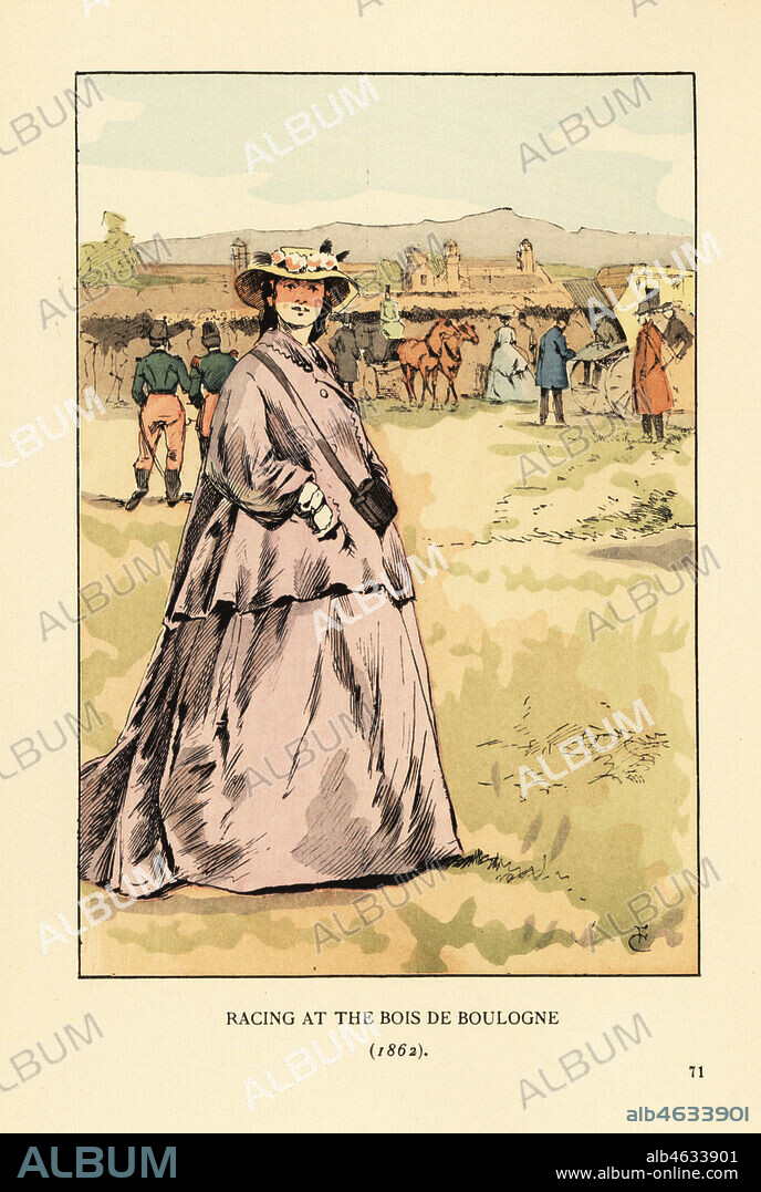 Racing at the Bois de Boulogne, Paris, 1862. Woman in violet crinoline dress and mantelet cape watching the horse racing in the park. Handcoloured lithograph by R.V. after an illustration by Francois Courboin from Octave Uzannes Fashion in Paris, William Heinemann, London, 1898.
