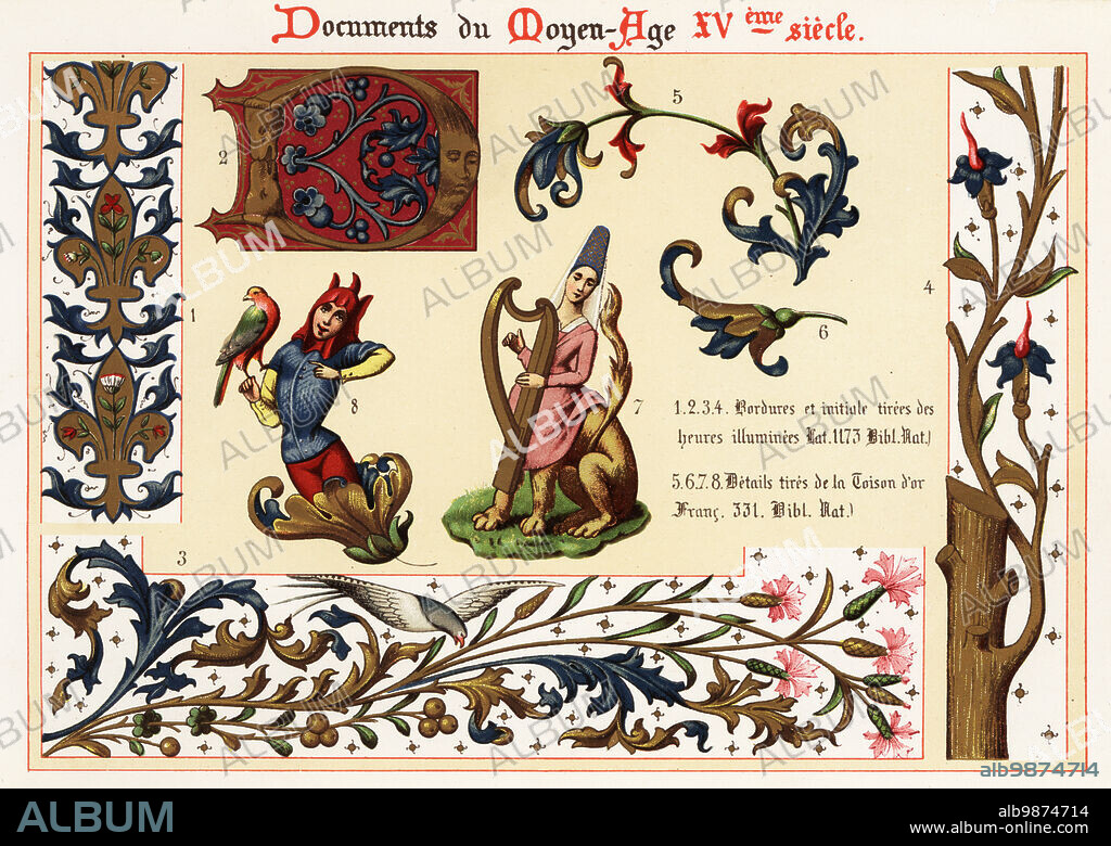 Borders and initial letters from Heures de Charles d'Angoulême, and monster, fairy and foliage from the Golden Fleece manuscript, 15th century. 1-4 Bordures et initiale tirees des heures illuminees Lat. 1173, Bib. Nat, 5-8 details tires de la Toison dOr, Franc. 331, Bib. Nat. Chromolithograph designed and lithographed by Ernst Guillot from Ornementation des Manuscrits au Moyen-Age, XVe Siecle(Ornamentation from Manuscripts of the Middle Ages, 15th century), Paris, 1890.