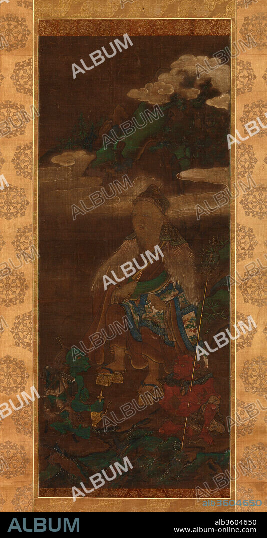 Portrait of En no Gyoja. Artist: Attributed to Jakusai (Japanese). Culture: Japan. Dimensions: Image: 36 1/8 × 15 1/4 in. (91.8 × 38.7 cm). Date: late 14th-15th century.
En no Gyoja, the legendary founder of Shugendo, a sect of mountain-dwelling religious practitioners, is said to have lived during the seventh century on Mount Katsuragi, near the ancient capital of Nara. En no Gyoja is believed to have conjured Zao Gongen of Mount Kinpusen, the tutelary deity of Shugendo.
In this portrait, En no Gyoja is portrayed in his conventional hood, monk's robe, straw mantle, and wooden sandals. He usually holds a vajra (thunderbolt sword) and a shakujo (jeweled staff with six rings). Here, however, he holds a rosary, while one of his two servant-demons holds the shakujo instead. These demons, one red and one green, were, according to legend, ordered by En no Gyoja to serve him. Had they refused, he had the power to bind them with a spell. The landscape suggests a high mountain with a stream and hovering clouds.