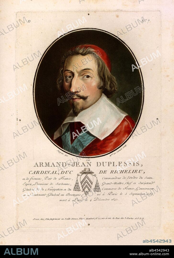 Armand-Jean Duplessis, Cardinal, Duke of Richelieu, Cardinal Richelieu, First Minister, signed: Sergent (del.); Mme De Cernel (sculp.); chez Blin, D no. 7, Sergent, Antoine Louis François (del.); Cernel, Marie-Louise-Suzanne Champion de (sc.); Blin (chez), Antoine François Sergent-Marceau: Portraits des grands hommes, femmes illustres et sujets mémorables de France: gravés et imprimés en couleurs. Dédié au Roi. Bd. 1. Paris: chez Blin, Imprimeur en Taille-Douce, [1786-1792].