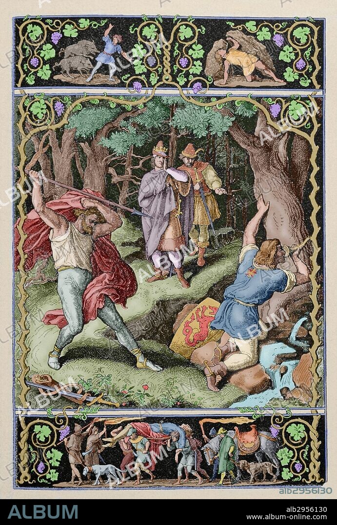 LITERATURA ALEMANA-SIGLO XIII. "CANTAR DE LOS NIBELUNGOS". Poema épico alemán, compuesto a comienzos siglo XIII por un autor anónimo que debió vivir en la región Austrobávara ribereña al Danubio, sobre la base de las leyendas en torno a Sigfrido y el pueblo de los Nibelungos. PRIMERA PARTE. CANTO XVI. "SIGFRIDO ES ASESINADO POR HAGEN DURANTE UNA CACERIA". Grabado coloreado del siglo XIX.