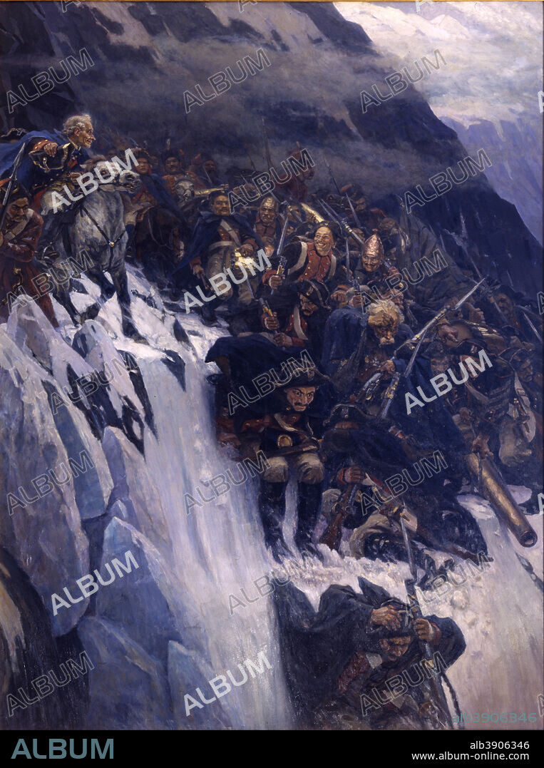 VASILY SURIKOV. 1799 Suvorov Crossing the Alps in 1799. Date/Period: 1899. Painting. Oil on canvas Oil on canvas. Height: 4,950 mm (16.24 ft); Width: 3,730 mm (12.23 ft).