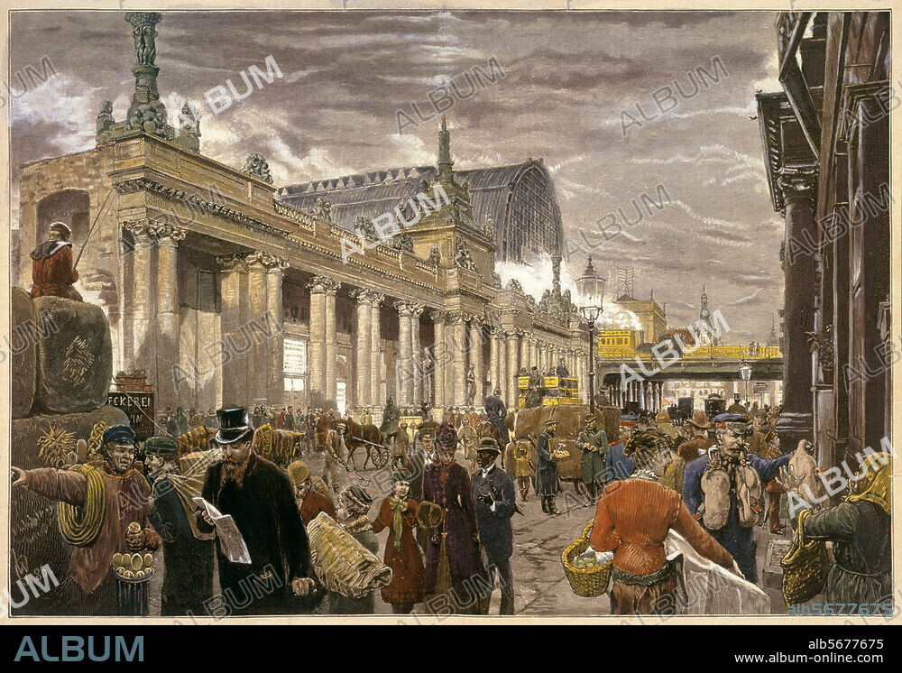 Berlin, Königskolonnaden in der Königstraße. (1777-80 erbaut von C.F. Boumann nach Entwurf von C. v. Gontard). Straßenszene vor den Königskolonnaden. Im Hintergrund der Bahnhof Alexanderplatz. Holzschnitt nach einer Zeichnung von Wilhelm Geissler, 1886.