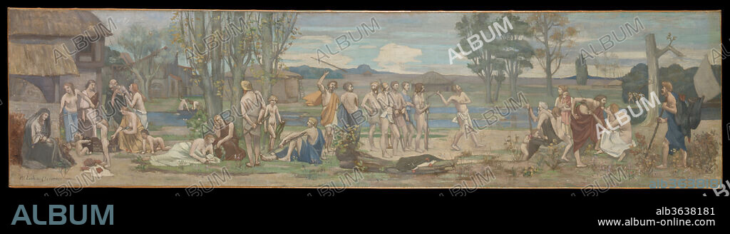 Ludus pro patria (Patriotic Games). Artist: Pierre Puvis de Chavannes (French, Lyons 1824-1898 Paris). Dimensions: 13 1/8 x 52 7/8 in. (33.3 x 134.3 cm). Date: ca. 1883-89.

Puvis's evocation of ancient France shows young athletes training with pikes (<i>piques</i> in French), the traditional weapon of the Picardy region and reputedly the origin of the province's name. One man has thrown his spear into the air and prepares to catch it--a rare moment of spontaneity in Puvis's oeuvre. This work is a replica, reduced in size, of a mural that the painter completed in 1882 and installed in 1888 in the Musée de Picardie in Amiens. The exhibition and sale of such "reductions" helped publicize the artist's monumental decorative commissions and boost his income.