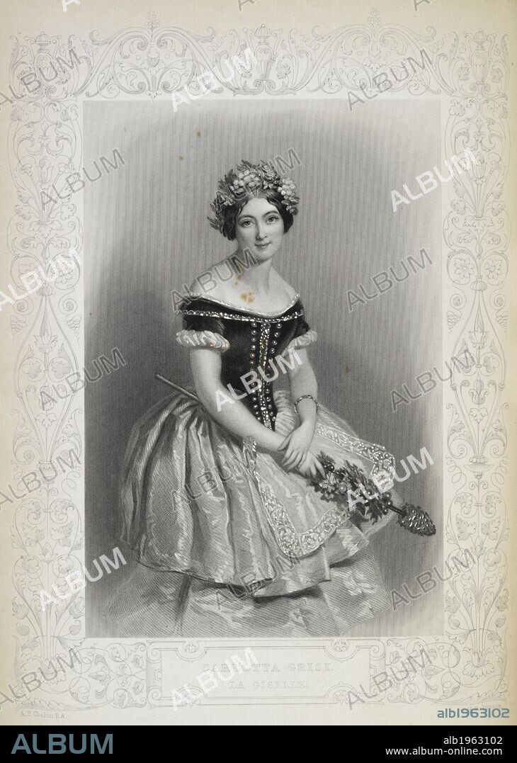 C HEATH and W. H. MOTE. Carlotta Grisi. (1819-40). Italian ballet dancer. Portrait. Beauties of the opera and ballet. London, 1845. Black and white plate. Source: 1344.n.40, plate 1. Language: English.