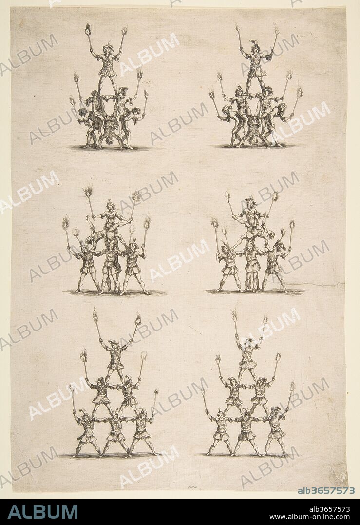 Thirty-six Acrobats in Six Groups. Artist: Etched by Stefano della Bella (Italian, Florence 1610-1664 Florence). Dimensions: Sheet (trimmed): 12 13/16 × 8 7/8 in. (32.5 × 22.5 cm). Date: 1652.
