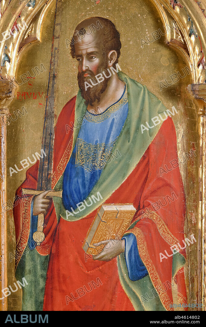 San Severino Marche, Pinacoteca Comunale: Paolo Veneziano, Polyptych (1358) with Saints. Detail of St. Paul holding a sword in one hand and the book in the other one.