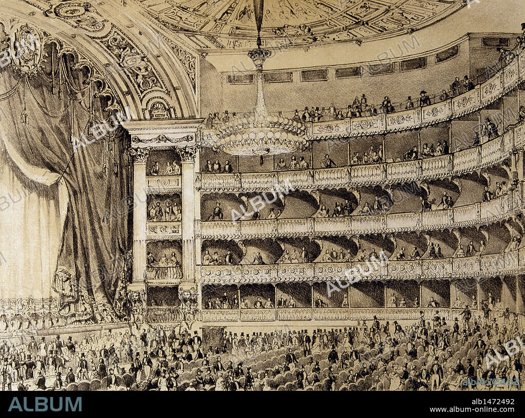 Litografía con la vista del interior del TEATRO REAL DE MADRID, obra de Julio DONON. Museo Municipal. Madrid. España.