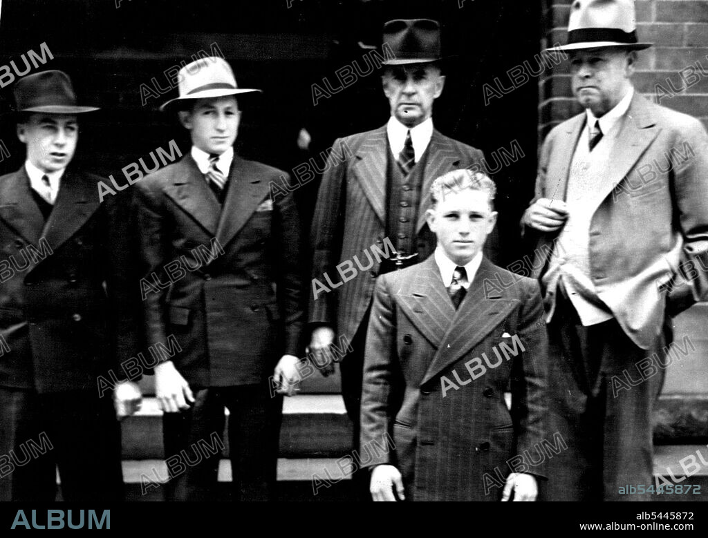 Racing Personalities at the inquest today into the death of Jockey Jimmy Duncan, who was killed at Randwick. Back row, from left: Val Faggotter, Tommy Clarke, H.V. Kelleher, I.B. Donohoe. In front is George Podmore. October 16, 1946.