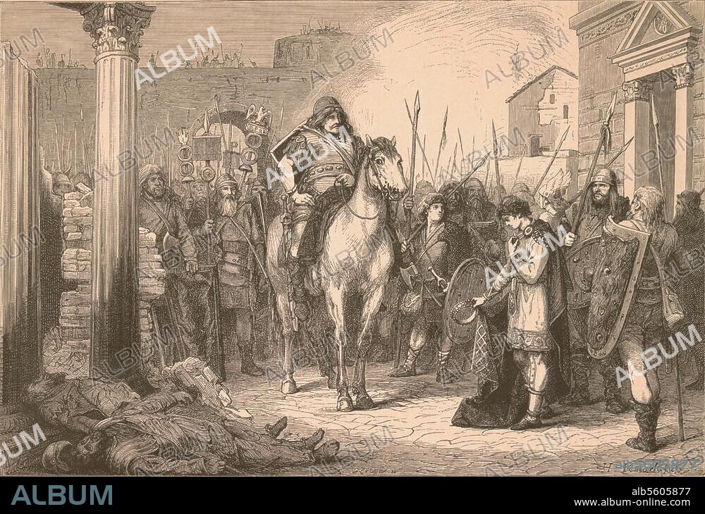 Absetzung des Kaisers Romulus Augustulus durch den germanischen Heerführer Odoaker am 28. August 476 (Formelles Ende des weströmischen Kaisertums und Reiches). "Romulus Augustulus legt die Kaiserinsignien vor Odoaker nieder". Holzstich, um 1880, nach Zeichnung von Hermann Knackfuss (1848-1915). Berlin, Sammlung Archiv für Kunst und Geschichte.