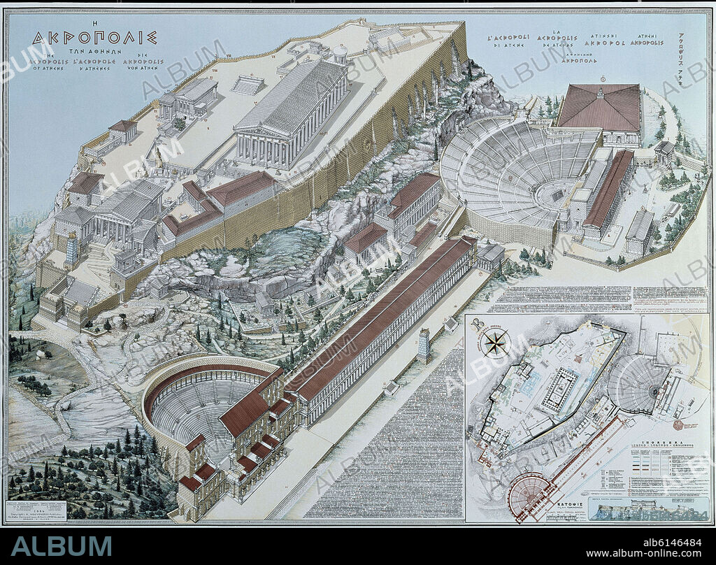 PLANO EN ALZADO DE LA RECONSTRUCCION IDEALIZADA DE LA ACROPOLIS DE ATENAS.