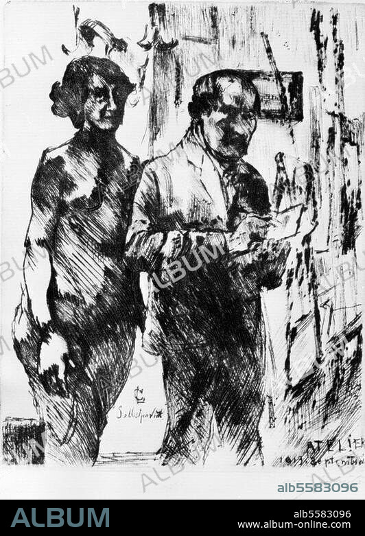 LOVIS CORINTH. Corinth, Lovis Maler und Graphiker Tapia (Ostpreußen) 21.7.1858 - Zandvoort. (Holland) 17.7.1925. "Selbstbildnis im Atelier", 1919. Radierung. Aus dem Zyklus "Bei den Corinthern".