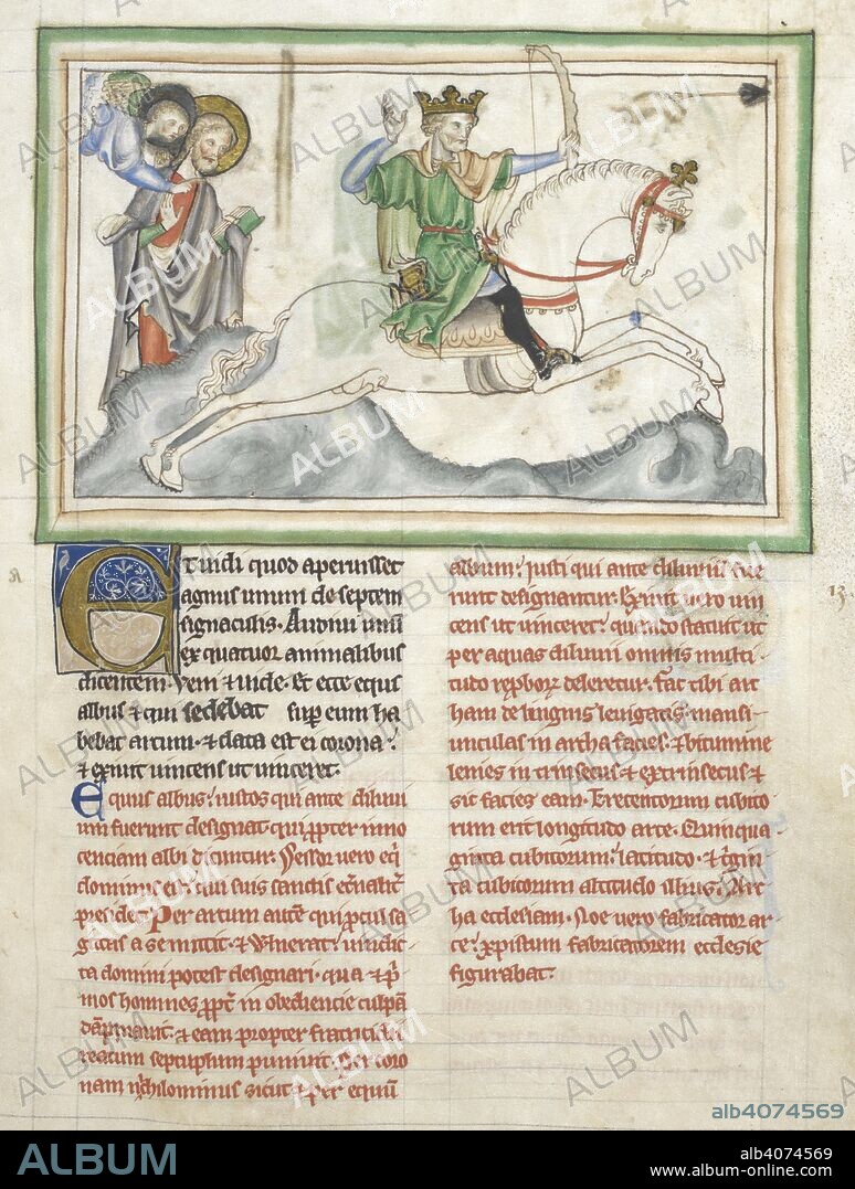 Biblical scenes from the Apocalypse of St. John. The First Seal: A white horse appears, whose crowned rider has a bow with which to conquer.  . THE APOCALYPSE, in Latin , headed "Incipit textus uisionis prime apocalipsis beati Iohannis apostoli"; with a commentary, beg. "Tempus uideliect itidicii.". Late 13th century. Source: Add.35166, f.7. Language: Latin.